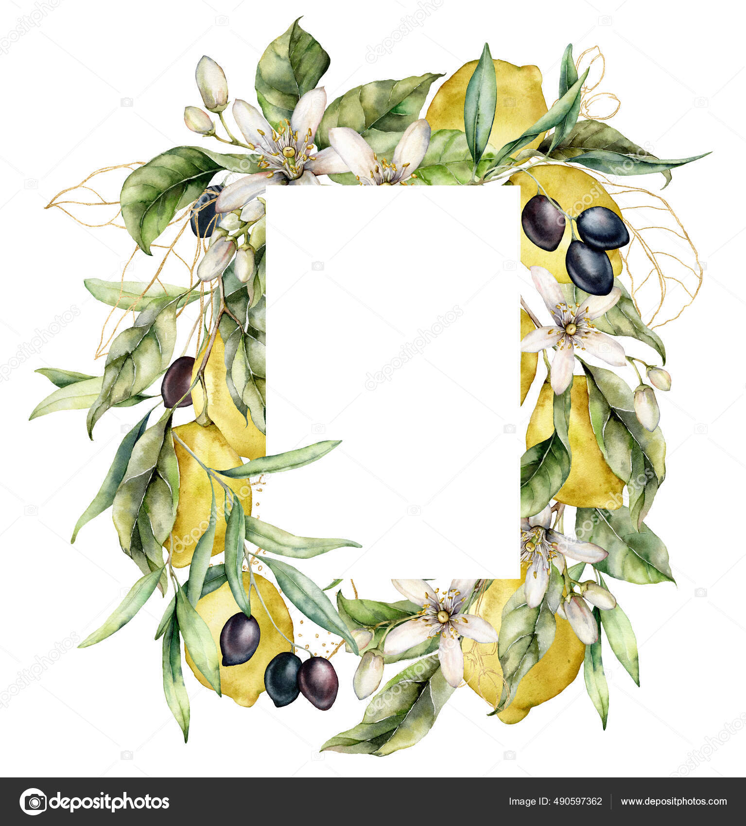Moldura aquarela de limões maduros, azeitonas pretas, folhas de ouro e  flores lineares. Borda tropical pintada à mão de frutas isoladas em fundo  branco. Ilustração de alimentos para design, impressão ou fundo., image size:1535x1700