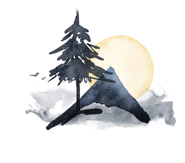 Acquerello composizione astratta di montagna, albero e luna. Carta invernale dipinta a mano isolata su sfondo bianco. Illustrazione minimalista per design, stampa, tessuto o sfondo. — Foto Stock