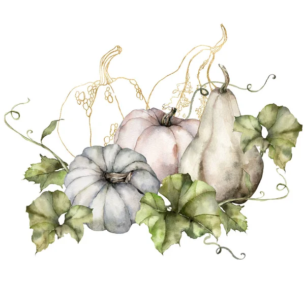 Akvarell höst sammansättning av guld pumpor och blad. Handmålade kalebasser isolerade på vit bakgrund. Botanisk illustration för design, tryck, bakgrund. — Stockfoto