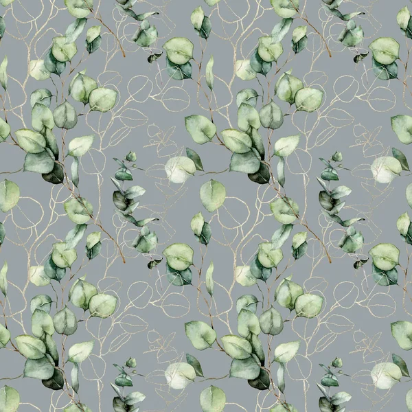 Watercolor seamless pattern of pale gold eucalyptus branches and linear leaves. Hand painted plants isolated on light gray background. Floral illustration for design, print, fabric or background.