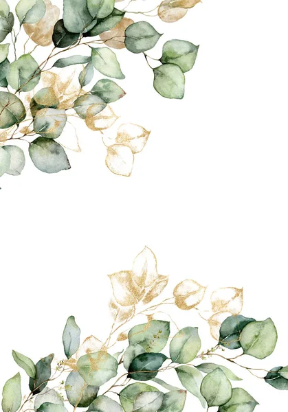 Aquarel rand van goud eucalyptus takken en bladeren. Handgeschilderde kaart van planten geïsoleerd op witte achtergrond. Bloemen illustratie voor ontwerp, print, stof of achtergrond. — Stockfoto