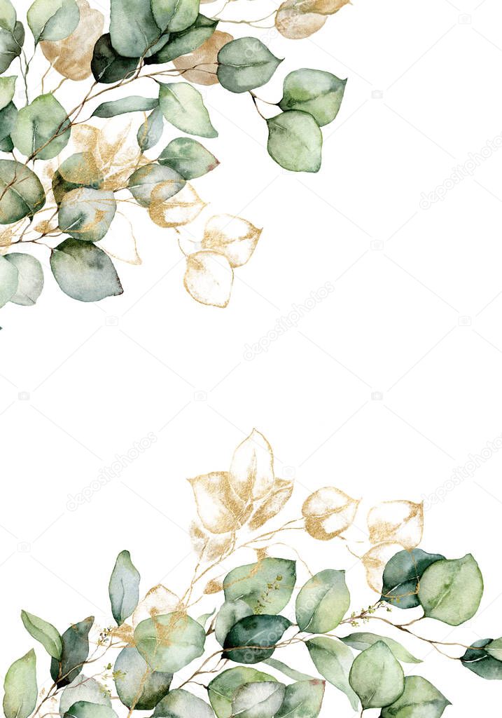 Watercolor border of gold eucalyptus branches and leaves. Hand painted card of plants isolated on white background. Floral illustration for design, print, fabric or background.