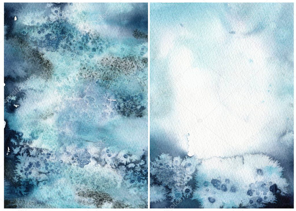 Watercolor abstract blue, white and salt effect texture. Hand painted sea or ocean abstract background. Aquatic illustration for design, print or background.