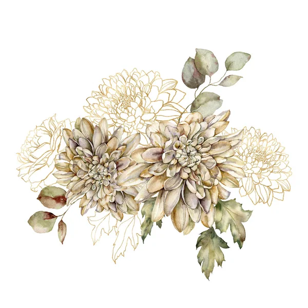 Aquarell Herbststrauß aus linearen Dahlien, Rosen- und Goldblättern. Handbemalte Wiesenblumen isoliert auf weißem Hintergrund. Florale wilde Illustration für Design, Druck, Stoff oder Hintergrund. — Stockfoto