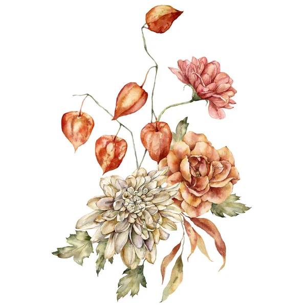 Watercolor autumn bouquet of dahlia, rose, physalis and leaves. Hand painted meadow flowers isolated on white background. Floral wild illustration for design, print, fabric or background. — Stock Photo, Image