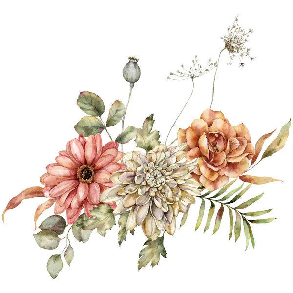 Acquerello bouquet autunnale di dalia, rosa, aster, papavero, anice e foglie. Fiori di prato dipinti a mano isolati su sfondo bianco. Illustrazione floreale selvaggia per design, stampa, tessuto o sfondo. — Foto Stock