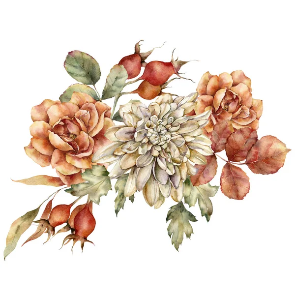 Aquarell Herbststrauß aus Dahlie, Rose und Blättern. Handbemalte Wiesenblumen isoliert auf weißem Hintergrund. Florale wilde Illustration für Design, Druck, Stoff oder Hintergrund. — Stockfoto