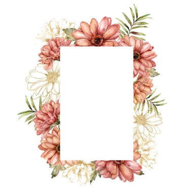 Lineer aster ve altın yaprakların suluboya sonbahar çerçevesi. Beyaz arka planda elde boyanmış sonbahar çiçekleri. Tasarım, baskı, kumaş veya arkaplan için çiçek çizimi.