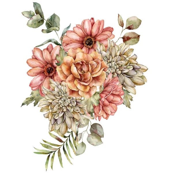 Αδιάβροχο φθινοπωρινό μπουκέτο από τριαντάφυλλο, άστρο, ντάλια και φύλλα. Χέρι ζωγραφισμένα λουλούδια λιβάδι απομονώνονται σε λευκό φόντο. Floral άγρια απεικόνιση για το σχεδιασμό, εκτύπωση, ύφασμα ή φόντο. — Φωτογραφία Αρχείου