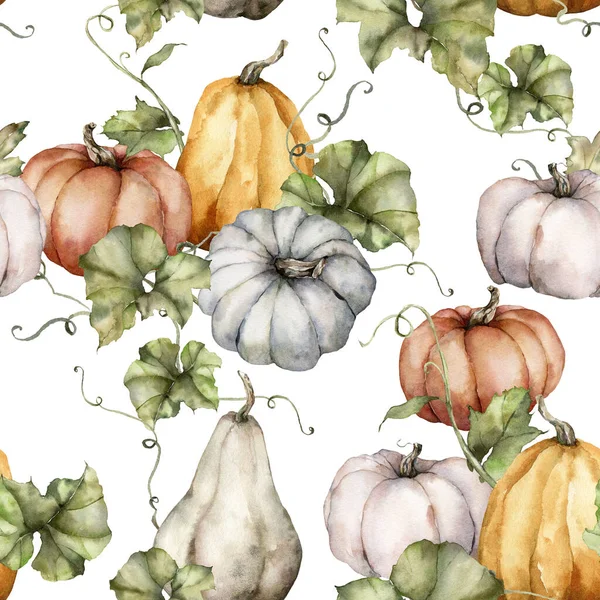 Acquerello autunno modello senza soluzione di continuità di grigio, rosso, zucche arancioni e foglie. Gourds dipinte a mano isolate su sfondo bianco. Illustrazione botanica per la progettazione, stampa, sfondo. — Foto Stock