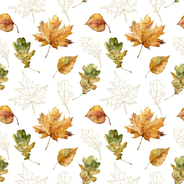Akvarell höst sömlöst mönster av guld blad. Handmålade falla linjära växter isolerade på vit bakgrund. Blommig illustration för design, tryck, tyg eller bakgrund. — Stockfoto