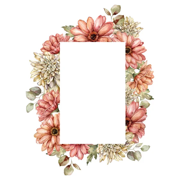 Watercolor autumn frame of aster, dahlia and leaves. Hand painted border of meadow flowers isolated on white background. Floral wild illustration for design, print, fabric or background. — Stock Photo, Image