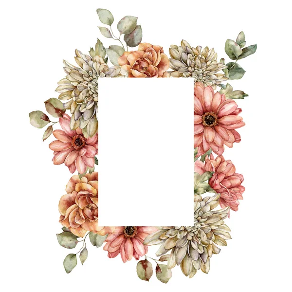 Watercolor autumn frame of aster, dahlia, rose and leaves. Hand painted border of meadow flowers isolated on white background. Floral wild illustration for design, print, fabric or background. — Stock Photo, Image