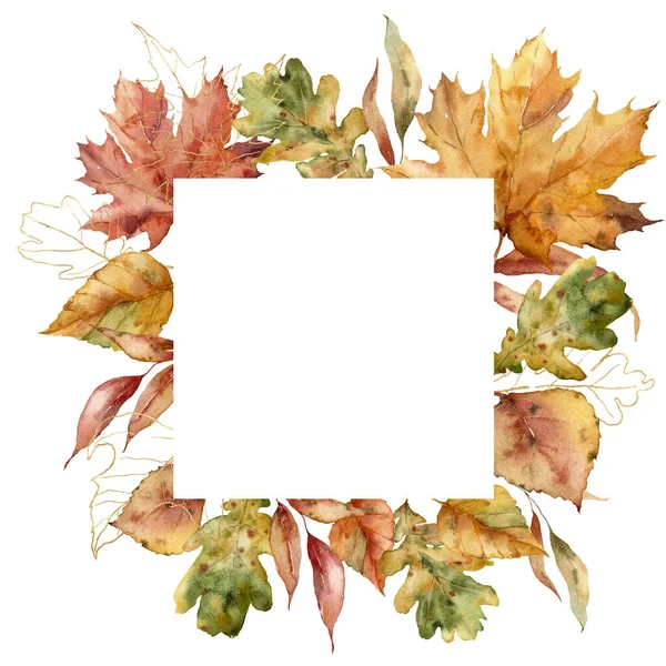 Acuarela otoño marco de hojas de oro. Borde pintado a mano de plantas lineales aisladas sobre fondo blanco. Ilustración floral para diseño, impresión, tela o fondo. — Foto de Stock