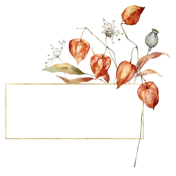 Watercolor outono moldura de ouro e flores secas. Pintado à mão papoula linear, anis e physalis isolado no fundo branco. Ilustração floral para desenho, impressão, tecido ou fundo. — Fotografia de Stock