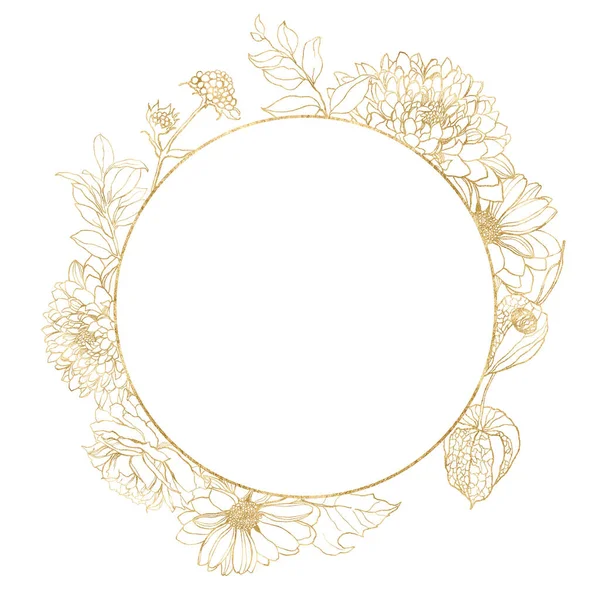 Watercolor circle frame of gold rose, dahlia, aster, physalis and linear leaves. Hand painted autumn flowers isolated on white background. Floral illustration for design, print, fabric or background. — Stock Photo, Image