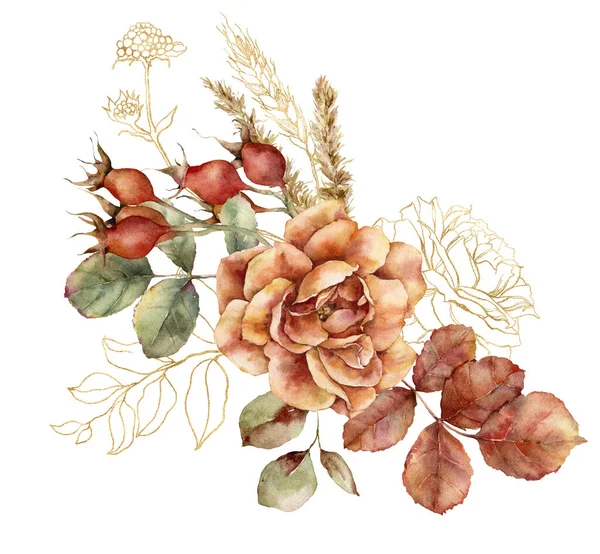 Αδιάβροχο φθινοπωρινό μπουκέτο τριαντάφυλλου, γραμμικών φύλλων και χρυσού πάμπας. Χέρι ζωγραφισμένα λουλούδια λιβάδι απομονώνονται σε λευκό φόντο. Floral άγρια απεικόνιση για το σχεδιασμό, εκτύπωση, ύφασμα ή φόντο. — Φωτογραφία Αρχείου