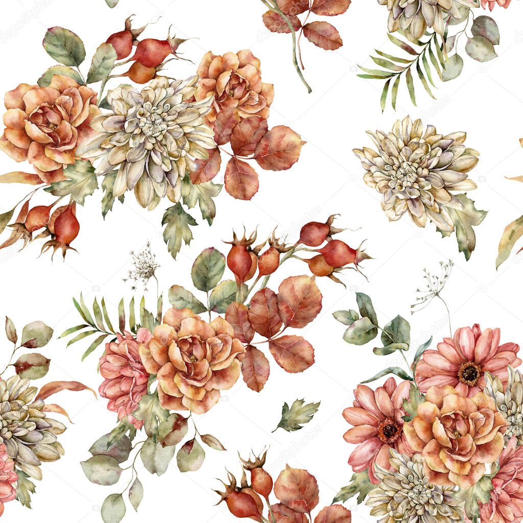 Watercolor autumn seamless pattern of aster, dahlia, rose, leaves and dry grass. Hand painted meadow flowers isolated on white background. Floral wild illustration for design, fabric or background.