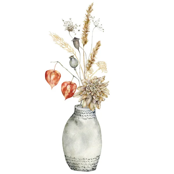 Akvarell höst bukett i vas av torra blommor. Handmålade äng anis, physalis, dahlia och vallmo isolerad på vit bakgrund. Blommig vild illustration för design, tryck, tyg eller bakgrund. — Stockfoto