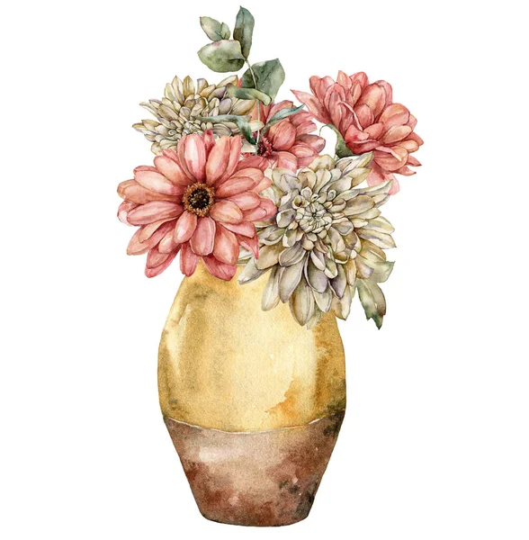 Akvarell höst bukett i vas av blommor. Handmålade äng aster, dahlia och blad isolerade på vit bakgrund. Blommig vild illustration för design, tryck, tyg eller bakgrund. — Stockfoto