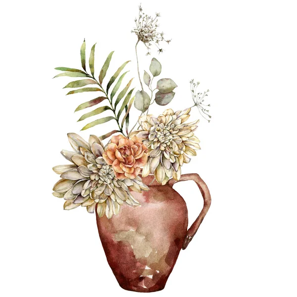 Akvarell höst bukett i vas av blommor och torr anis. Handmålade dahlia, ros och blad isolerad på vit bakgrund. Blommig vild illustration för design, tryck, tyg eller bakgrund. — Stockfoto