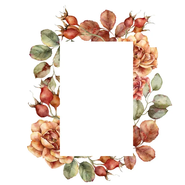 Watercolor autumn frame of roses, dog roses and leaves. Hand painted meadow flowers isolated on white background. Floral wild illustration for design, print, fabric or background. — Stock Photo, Image