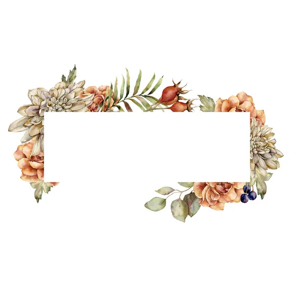 Akvarelové podzimní rámy z jiřin, růží, bobulí a listů. Ručně malované luční květiny izolované na bílém pozadí. Květinové divoké ilustrace pro design, tisk, tkaniny nebo pozadí. — Stock fotografie