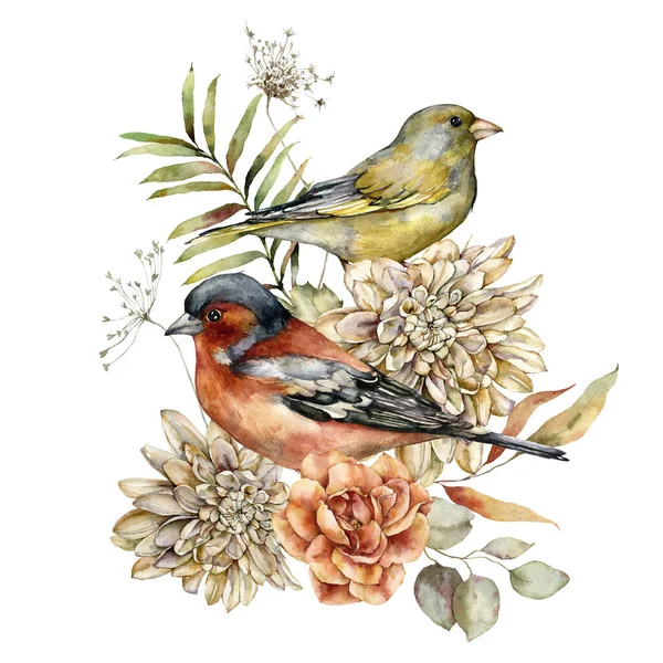 ช่อดอกไม้ฤดูใบไม้ร่วงสีน้ําของดาเลีย, กุหลาบ, Chaffinch และ Greenfinch ดอกไม้ทุ่งหญ้าทาสีด้วยมือและนกแยกกันบนพื้นหลังสีขาว รูปแบบดอกไม้สําหรับการออกแบบ พิมพ์ ผ้า หรือพื้นหลัง . — ภาพถ่ายสต็อก