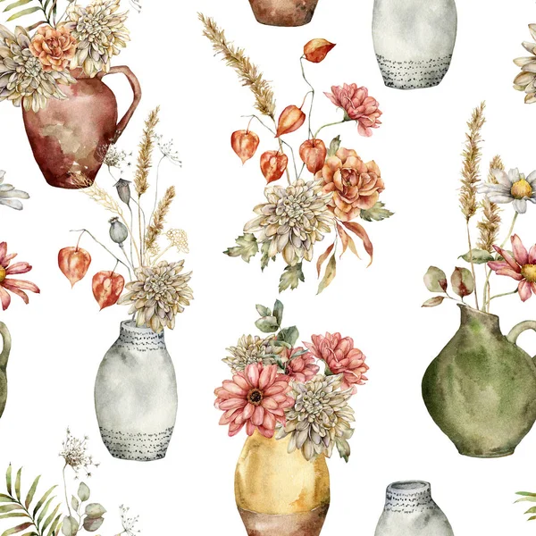 Aquarelle automne motif sans couture avec des bouquets de fleurs dans des vases. Aster peint à la main, dahlia et physalis isolés sur fond blanc. Illustration florale pour design, impression, tissu ou fond. — Photo