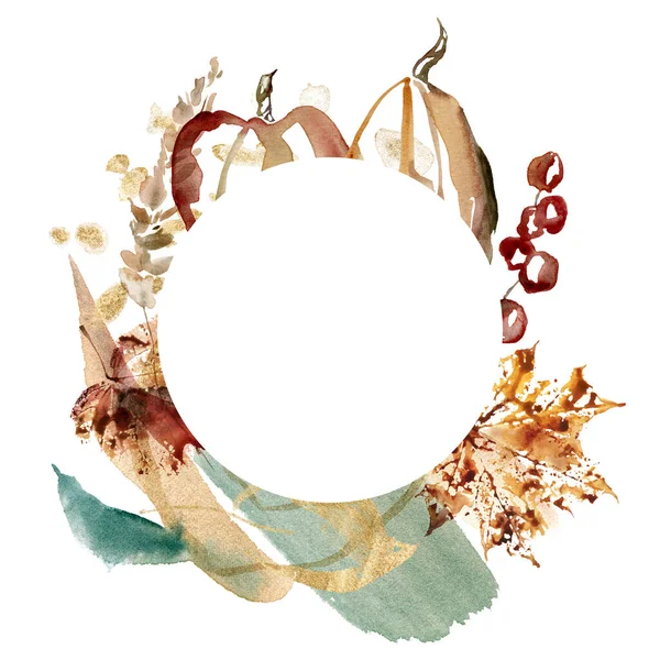 Акварель абстрактная рамка тыквы, ягод, кленового листа и пятен. Ручной окрашенный осенний состав растений изолирован на белом фоне. Ботанические иллюстрации для дизайна, печати, фона. — стоковое фото