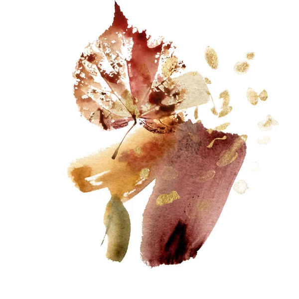 Aquarelle automne composition abstraite de feuilles de peuplier et des taches colorées. Plante peinte à la main et taches isolées sur fond blanc. Illustration florale pour design, impression, tissu ou fond. — Photo