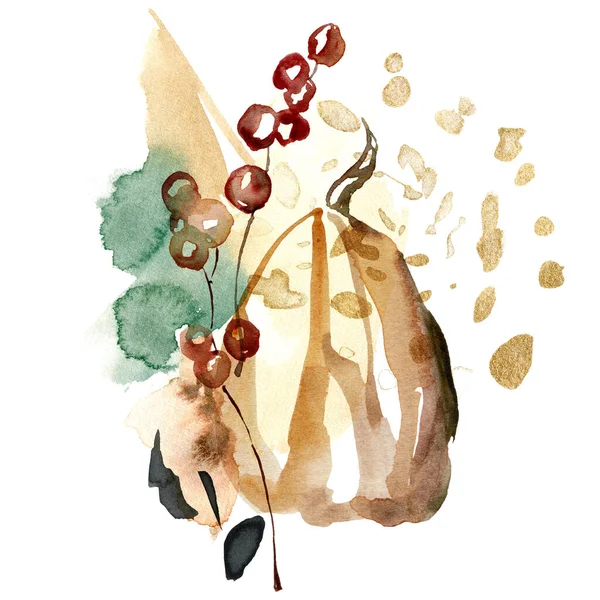 Akwarela abstrakcyjna kompozycja dyni, jagód i plamek. Ręcznie malowana jesienna karta roślin odizolowanych na białym tle. Ilustracja botaniczna do projektowania, drukowania, tła. — Zdjęcie stockowe