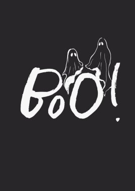 Hayalet ve mesaj bültenli Cadılar Bayramı afişi. El boyaması tatil şablonu siyah arka planda izole edilmiş. Tasarım, baskı veya arkaplan çizimi. Cadılar Bayramı kartı