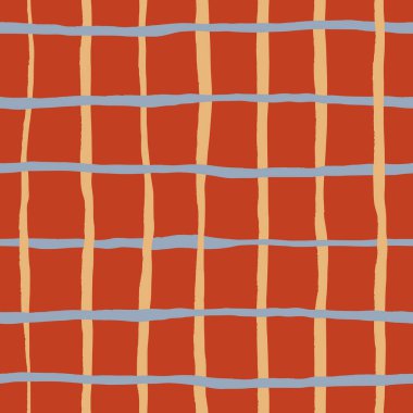 Vector abstract seamless pattern with blue and beige wavy checks on red. Hand painted illustration for design, print, fabric or background