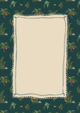 Tuhaf Noel çiçekli böğürtlen, çoban püskülü, çam kozalağı ve dal. El yapımı klasik sınır bej arka planda izole edilmiş. Tasarım, baskı, kumaş veya arkaplan çizimi