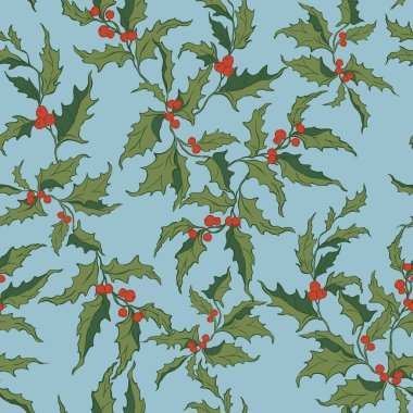 Noel vektörü çiçek desenli Holly ve böğürtlen. Mavi arka planda el yapımı klasik koleksiyon izole edilmiş. Tasarım, baskı, kumaş veya arkaplan çizimi