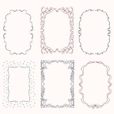 Kırmızı ve mavi çerçevelerden oluşan zarif Noel seti. Tasarım, baskı, kumaş veya arkaplan için el çizimi illüstrasyon