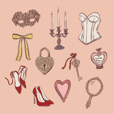 Ayakkabı, ayna, korse, anahtar, kilit ve maske örnekleri içeren bir vektör seti. Romantik aşk sembolü Sevgililer Günü tatili, düğün tasarımları, posterler, davetiyeler ve şenlikli dekor için mükemmel.