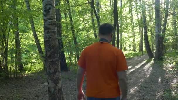 Человек, идущий по лесу с DSLR — стоковое видео