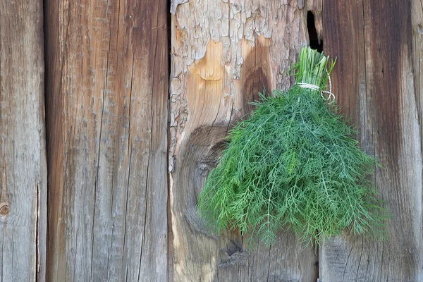 Frischer grüner Dill auf altem Holzgrund — Stockfoto