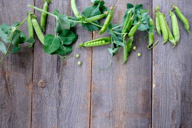Yeşil bezelye bakla taze ahşap arka plan üzerinde aldı
