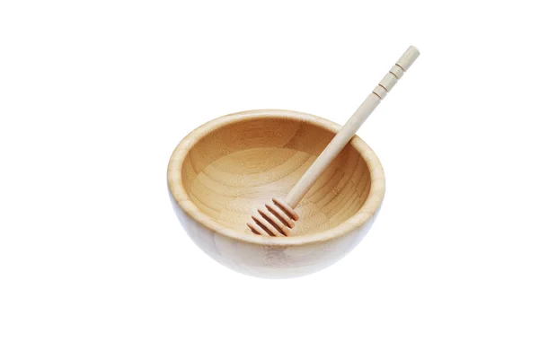 Bambusz fából készült bowl elszigetelt méz-stick — Stock Fotó