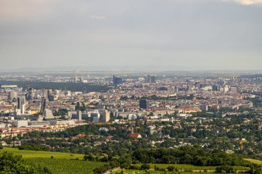 Önünde yeşil tepeler ve güneşli bir günde açık gökyüzü altında kentsel ufuk çizgisi olan modern Avrupa şehrinin panoramik görüntüsü.