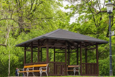 Ahşap park çardağı, yemyeşil ağaçlarla çevrili, sakin bir açık hava ortamı yaratıyor rahatlama, rahatlama ve doğa odaklı yaşam tarzı veya eğlence kavramları için ideal..