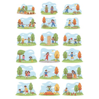 Apple Bobbing, Capture the Flag, Cornhole Game, Egg and Spoon Race, Frisbee throw, Giant Jenga, Saklambaç, Hopscotch, Horseshoe Toss 'un yer aldığı büyük bir set.