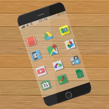 Fütüristik bir cep telefonu ile şeffaf perde, ahşap arka plan simgeleri