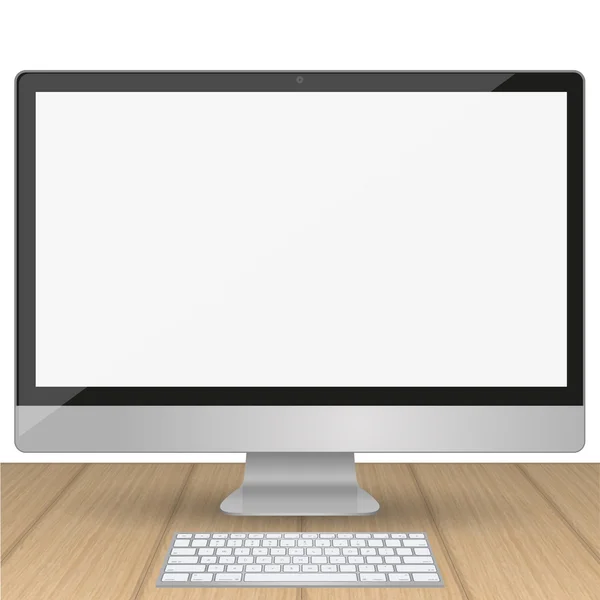 Computer display met leeg wit scherm geïsoleerd op een houten tafel in het interieur — Stockvector