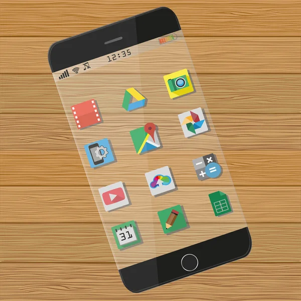 En futuristiska mobiltelefon med en transparent skärm, ikoner på trä bakgrund — Stock vektor