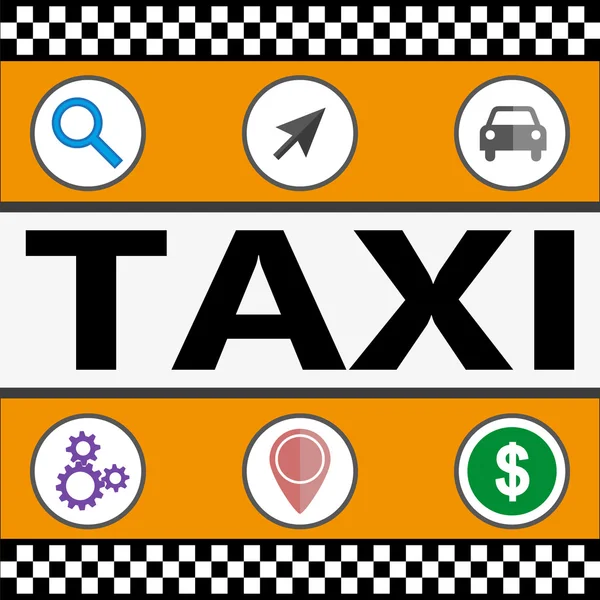 Flache gelbe Taxi mit einem Fahrer unterwegs. Taxidienst. Taxi online Infografik Symbole — Stockvektor