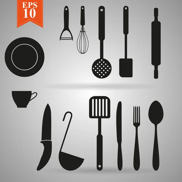 Symboles liés au restaurant et à la cuisine sur fond carrelé 1 Silhouettes d'objets de cuisine sur mur carrelé gris — Image vectorielle